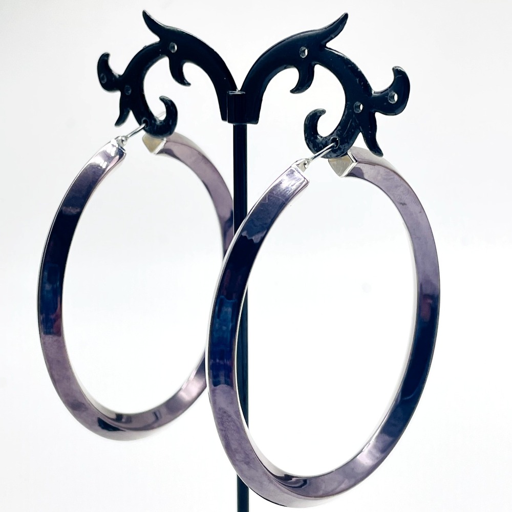 Purple Iridescent Hoop Earrings Pierced Round Statement Costume Jewelry Retro